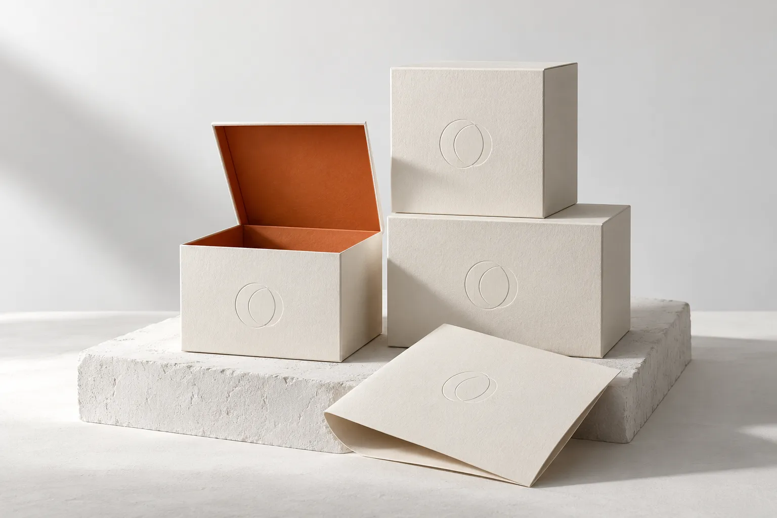 Ivory packaging with a warm terracotta interior