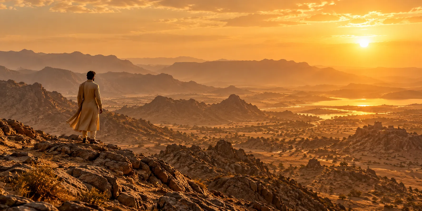 Original cinema concept of a character overlooking a sunlit desert
