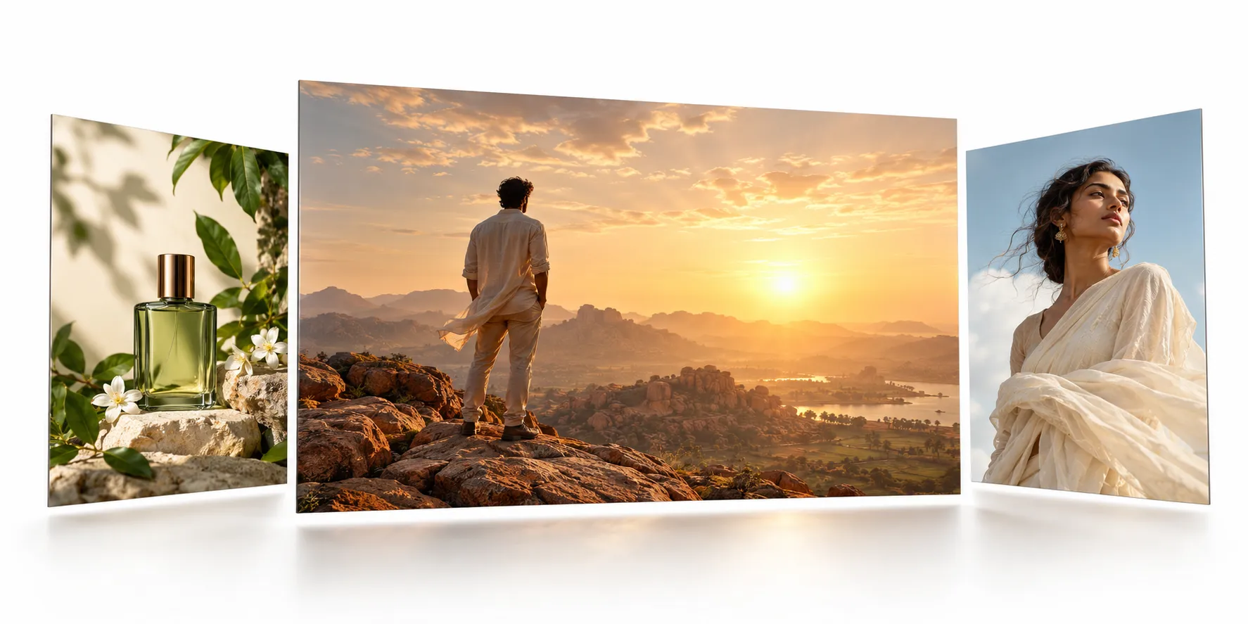 Concepts for film, product and fashion storytelling arranged on three cinematic panels
